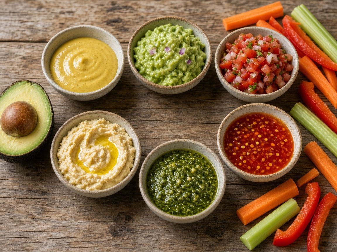 Small bowls of mustard, guacamole, salsa, hummus, pesto and hot sauce with veggie sticks